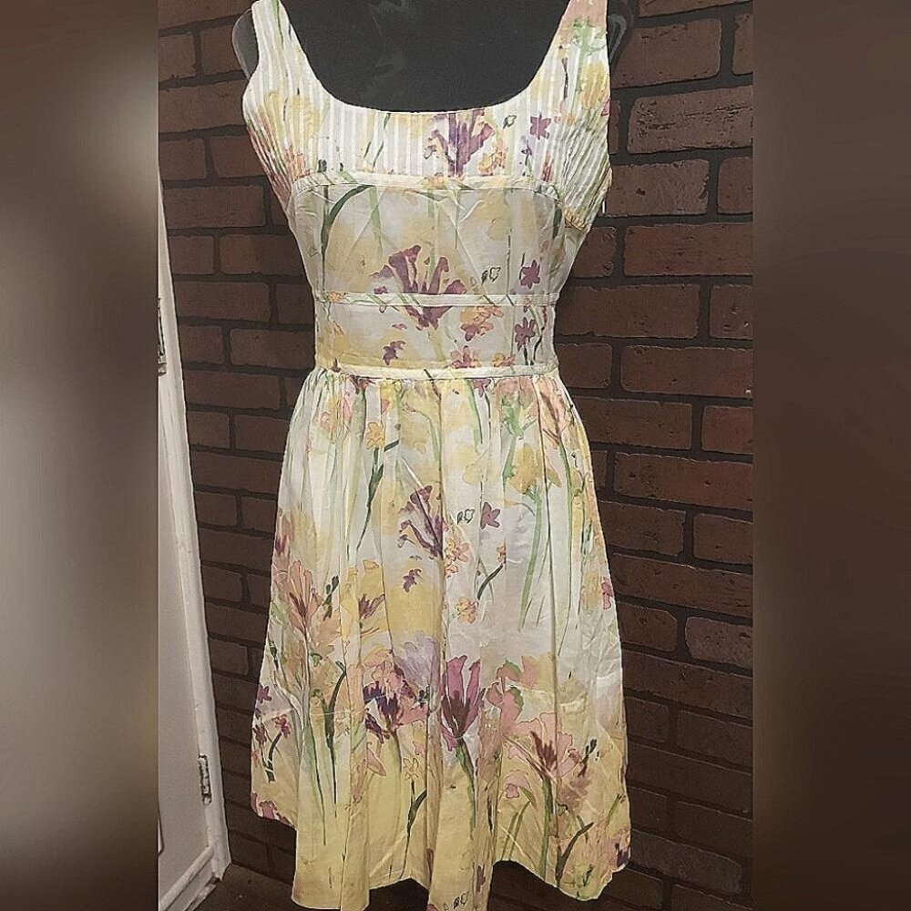 Calvin Klein Feminine Floral Square-Neck Sundress, sz 6, light pink and yellow